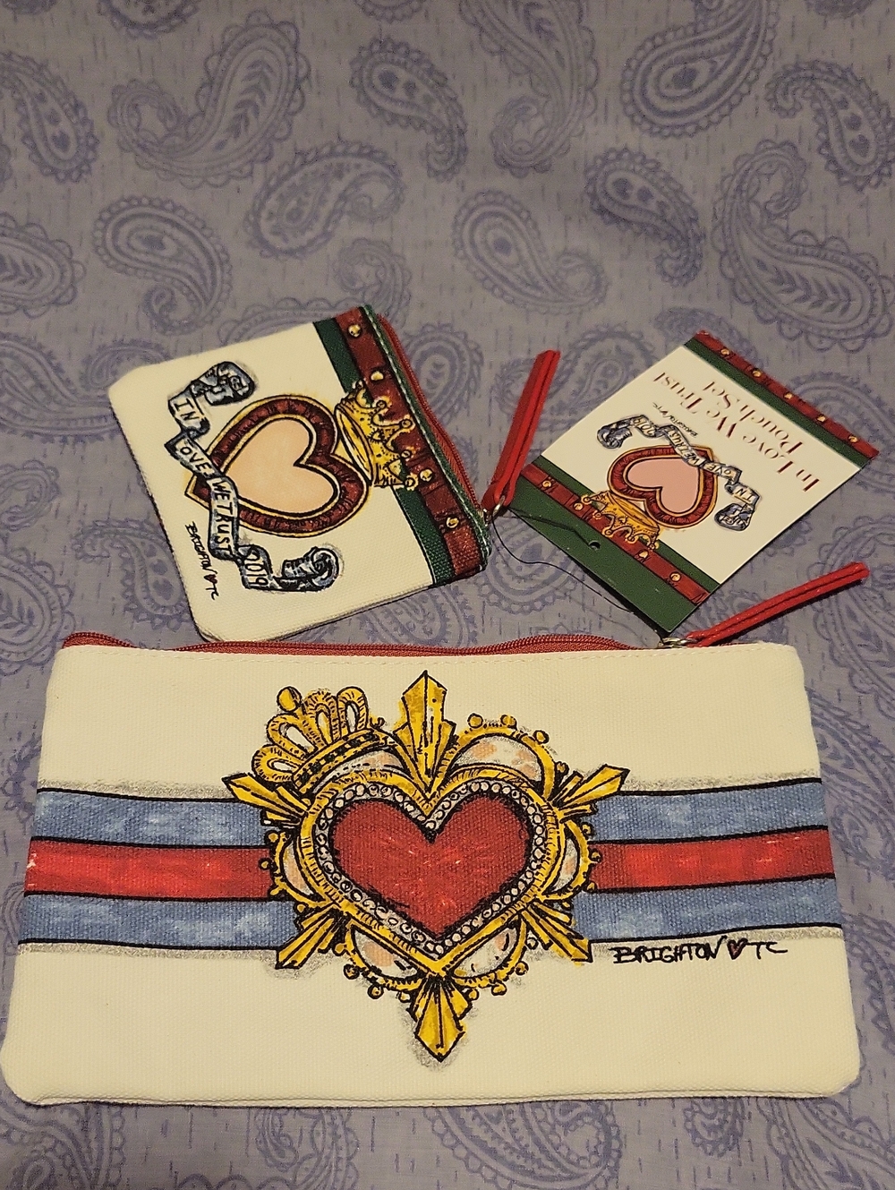 NWT Brighton In Love We Trust Canvas Pouch Set with Red and Blue Crest Detailing